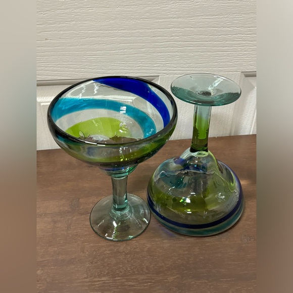 16Oz Hand Blown Margarita Glasses Blue Green Swirls Set of 2 Made in Mexico - Picture 7 of 13